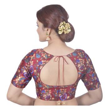 Biyu Banglori Silk Maroon Floral Printed Designer Princess Cut Padded Half sleeves Readymade Saree Blouse 4