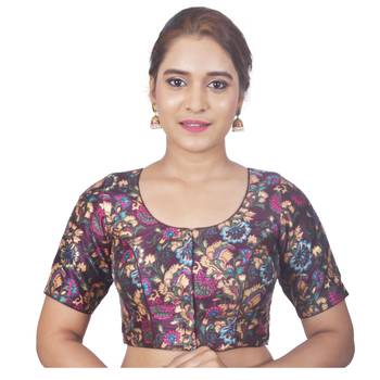 Biyu Banglori Silk Brown Floral Printed Designer Princess Cut Padded Half sleeves Readymade Saree Blouse 1