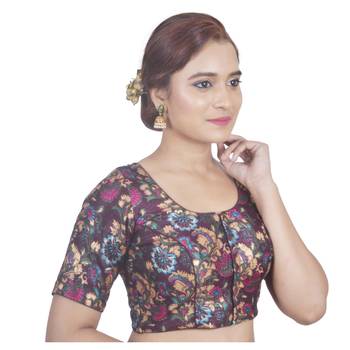 Biyu Banglori Silk Brown Floral Printed Designer Princess Cut Padded Half sleeves Readymade Saree Blouse 2