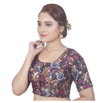 Biyu Banglori Silk Brown Floral Printed Designer Princess Cut Padded Half sleeves Readymade Saree Blouse 3