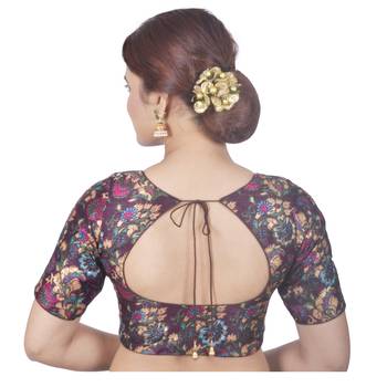 Biyu Banglori Silk Brown Floral Printed Designer Princess Cut Padded Half sleeves Readymade Saree Blouse 4