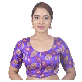 Biyu Crepe Silk Round Neck Designer Princess Cut Purple Half Sleeves Padded Readymade Saree Blouse 1