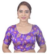 Biyu Crepe Silk Round Neck Designer Princess Cut Purple Half Sleeves Padded Readymade Saree Blouse