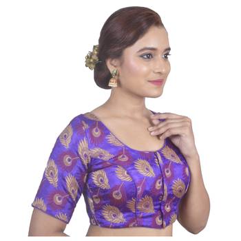 Biyu Crepe Silk Round Neck Designer Princess Cut Purple Half Sleeves Padded Readymade Saree Blouse 2