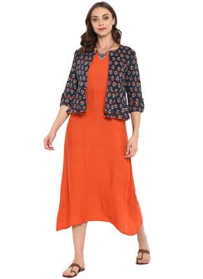 Orange printed rayon kurtas and kurtis 1