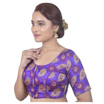 Biyu Crepe Silk Round Neck Designer Princess Cut Purple Half Sleeves Padded Readymade Saree Blouse 3