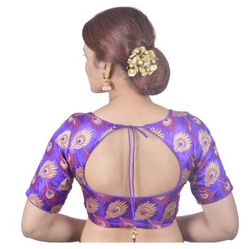 Biyu Crepe Silk Round Neck Designer Princess Cut Purple Half Sleeves Padded Readymade Saree Blouse 4