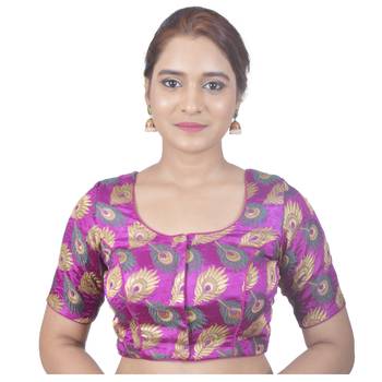 Biyu Crepe Silk Round Neck Designer Princess Cut Pink Half Sleeves Padded Readymade Saree Blouse 1