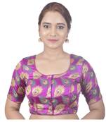 Biyu Crepe Silk Round Neck Designer Princess Cut Pink Half Sleeves Padded Readymade Saree Blouse