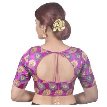 Biyu Crepe Silk Round Neck Designer Princess Cut Pink Half Sleeves Padded Readymade Saree Blouse 4