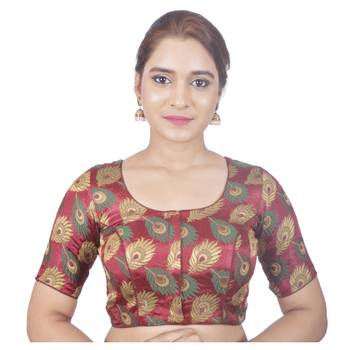 Biyu Crepe Silk Round Neck Designer Princess Cut Maroon Half Sleeves Padded Readymade Saree Blouse 1