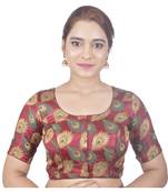 Biyu Crepe Silk Round Neck Designer Princess Cut Maroon Half Sleeves Padded Readymade Saree Blouse