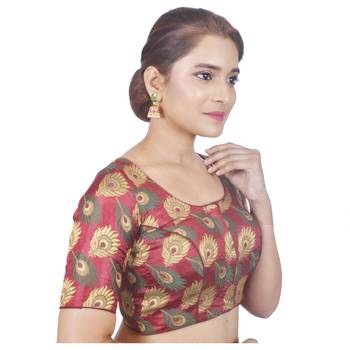 Biyu Crepe Silk Round Neck Designer Princess Cut Maroon Half Sleeves Padded Readymade Saree Blouse 2