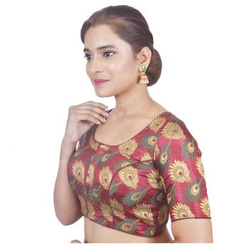 Biyu Crepe Silk Round Neck Designer Princess Cut Maroon Half Sleeves Padded Readymade Saree Blouse 3