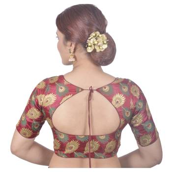 Biyu Crepe Silk Round Neck Designer Princess Cut Maroon Half Sleeves Padded Readymade Saree Blouse 4