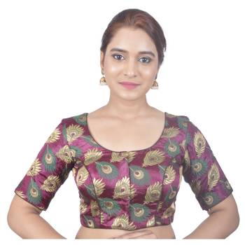Biyu Crepe Silk Round Neck Designer Princess Cut Magenta Half Sleeves Padded Readymade Saree Blouse 1