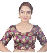 Biyu Crepe Silk Round Neck Designer Princess Cut Magenta Half Sleeves Padded Readymade Saree Blouse