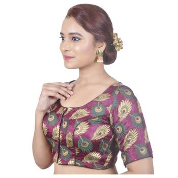Biyu Crepe Silk Round Neck Designer Princess Cut Magenta Half Sleeves Padded Readymade Saree Blouse 3