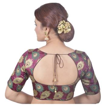 Biyu Crepe Silk Round Neck Designer Princess Cut Magenta Half Sleeves Padded Readymade Saree Blouse 4