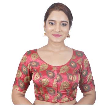 Biyu Crepe Silk Round Neck Designer Princess Cut Peach Half Sleeves Padded Readymade Saree Blouse 1