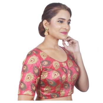 Biyu Crepe Silk Round Neck Designer Princess Cut Peach Half Sleeves Padded Readymade Saree Blouse 2