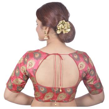 Biyu Crepe Silk Round Neck Designer Princess Cut Peach Half Sleeves Padded Readymade Saree Blouse 4