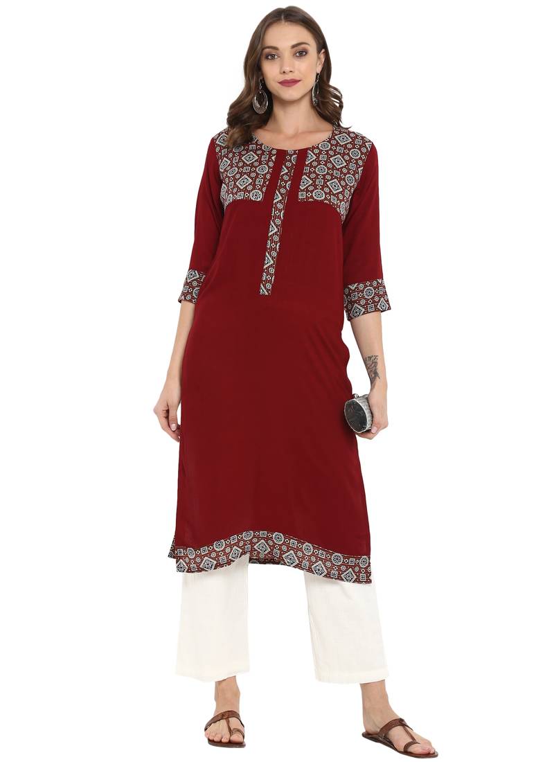 Maroon printed rayon kurtas and kurtis