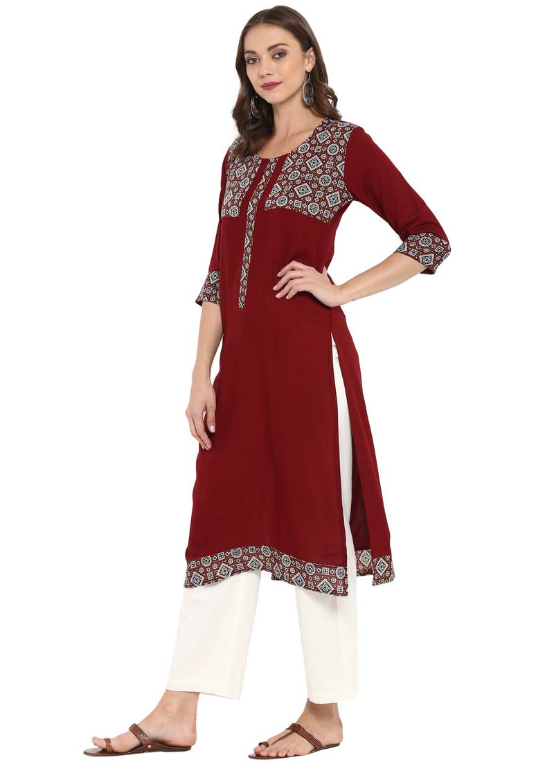 Maroon printed rayon kurtas and kurtis