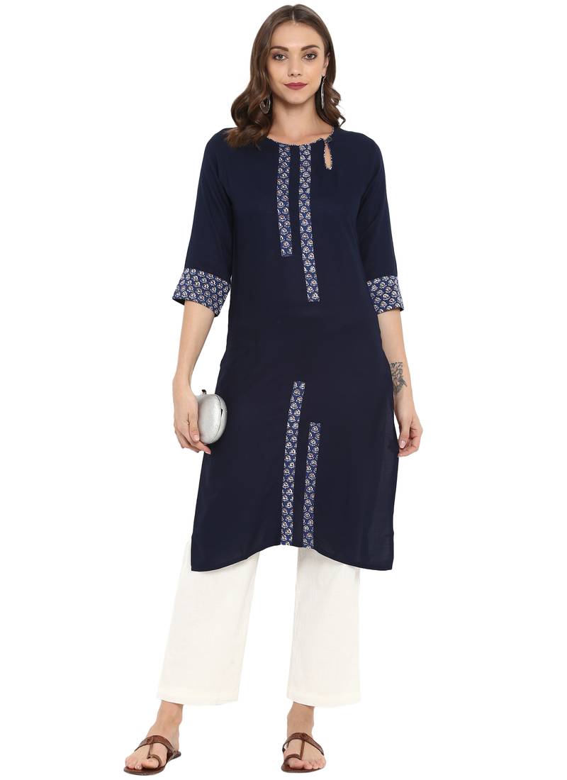 Navy blue printed rayon kurtas and kurtis
