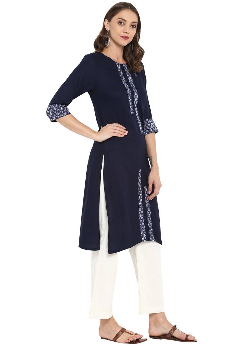 Navy blue printed rayon kurtas and kurtis