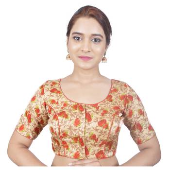 Biyu Banglori Silk Beige Floral Printed Designer Princess Cut Padded Half sleeves Readymade Saree Blouse 1