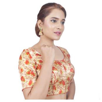 Biyu Banglori Silk Beige Floral Printed Designer Princess Cut Padded Half sleeves Readymade Saree Blouse 2