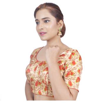 Biyu Banglori Silk Beige Floral Printed Designer Princess Cut Padded Half sleeves Readymade Saree Blouse 3