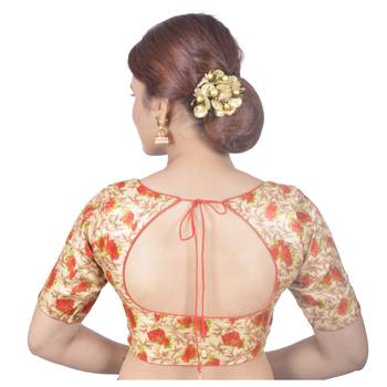 Biyu Banglori Silk Beige Floral Printed Designer Princess Cut Padded Half sleeves Readymade Saree Blouse 4