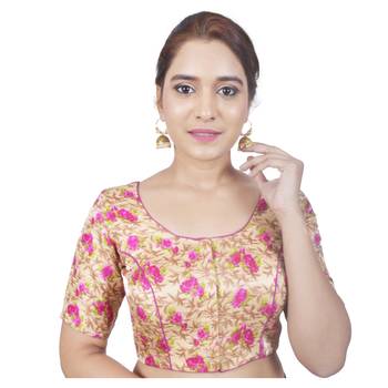 Biyu Banglori Silk Pink Floral Printed Designer Princess Cut Padded Half sleeves Readymade Saree Blouse 1