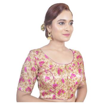 Biyu Banglori Silk Pink Floral Printed Designer Princess Cut Padded Half sleeves Readymade Saree Blouse 2