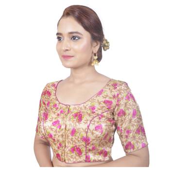 Biyu Banglori Silk Pink Floral Printed Designer Princess Cut Padded Half sleeves Readymade Saree Blouse 3