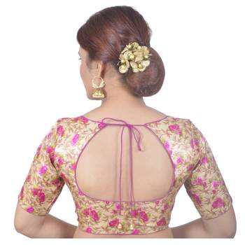 Biyu Banglori Silk Pink Floral Printed Designer Princess Cut Padded Half sleeves Readymade Saree Blouse 4