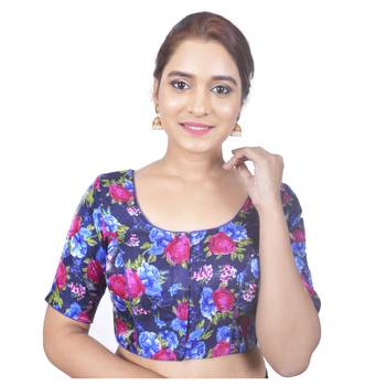 Biyu Banglori Silk Blue Rose Printed Designer Princess Cut Padded Half sleeves Readymade Saree Blouse 1