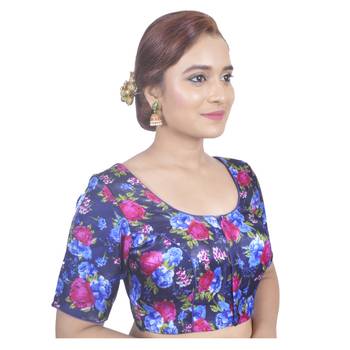 Biyu Banglori Silk Blue Rose Printed Designer Princess Cut Padded Half sleeves Readymade Saree Blouse 2