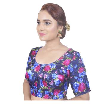Biyu Banglori Silk Blue Rose Printed Designer Princess Cut Padded Half sleeves Readymade Saree Blouse 3