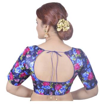 Biyu Banglori Silk Blue Rose Printed Designer Princess Cut Padded Half sleeves Readymade Saree Blouse 4