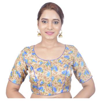 Biyu Banglori Silk Beige Floral Printed Designer Princess Cut Padded Half sleeves Readymade Saree Blouse 1