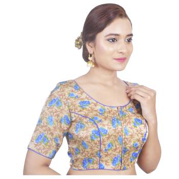 Biyu Banglori Silk Beige Floral Printed Designer Princess Cut Padded Half sleeves Readymade Saree Blouse 2