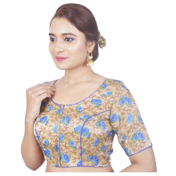 Biyu Banglori Silk Beige Floral Printed Designer Princess Cut Padded Half sleeves Readymade Saree Blouse 3