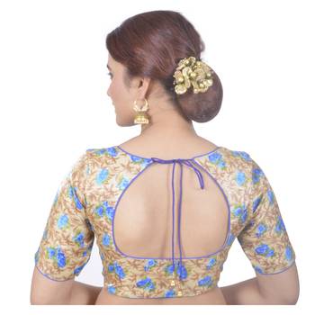 Biyu Banglori Silk Beige Floral Printed Designer Princess Cut Padded Half sleeves Readymade Saree Blouse 4