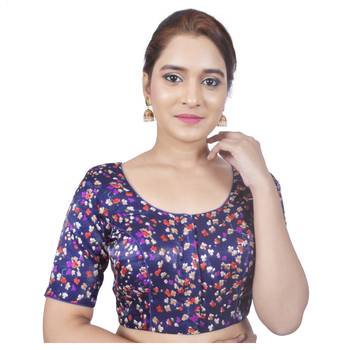 Biyu Banglori Silk Blue Floral Printed Designer Princess Cut Padded Half sleeves Readymade Saree Blouse 1
