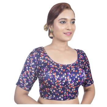 Biyu Banglori Silk Blue Floral Printed Designer Princess Cut Padded Half sleeves Readymade Saree Blouse 2