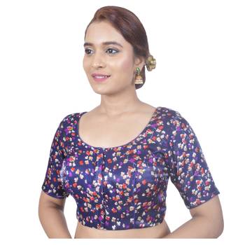 Biyu Banglori Silk Blue Floral Printed Designer Princess Cut Padded Half sleeves Readymade Saree Blouse 3