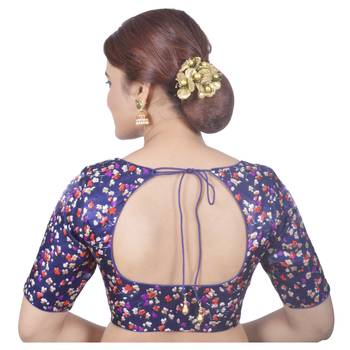 Biyu Banglori Silk Blue Floral Printed Designer Princess Cut Padded Half sleeves Readymade Saree Blouse 4